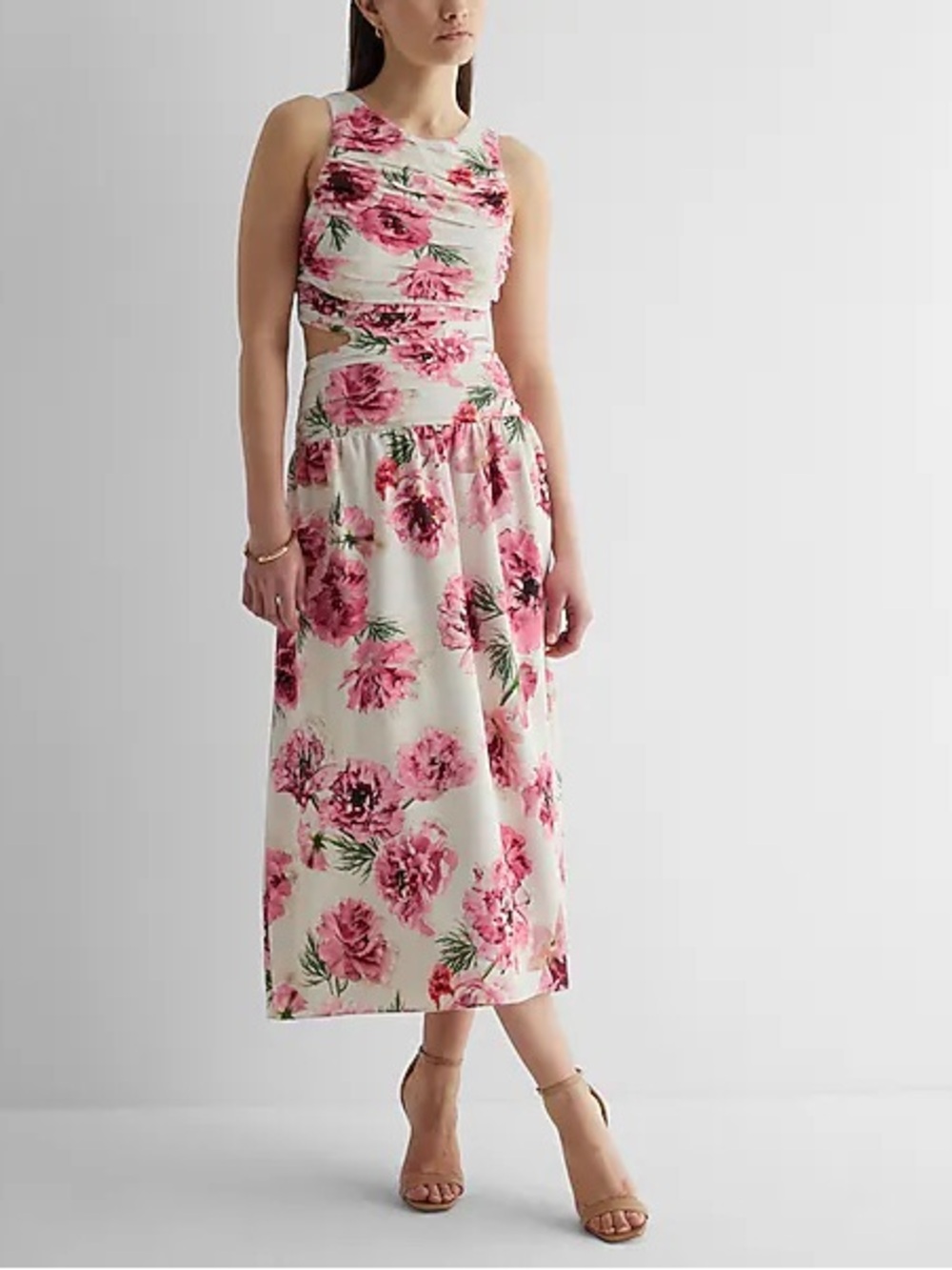 NWT Floral High Neck Pleated Cutout Maxi Dress